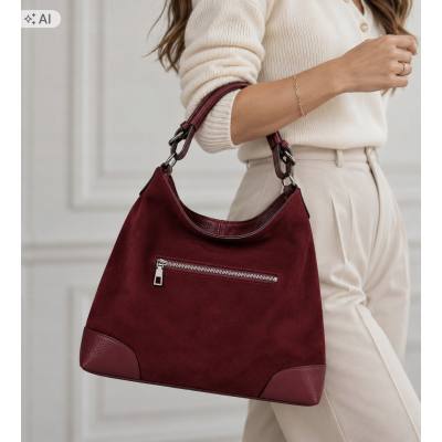 - Bordowa torebka shopper ZAMSZ NATURALNY + SKÓRA NATURALNA Vera Pelle