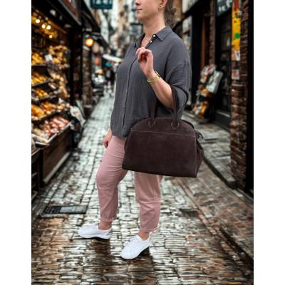 - BORSE IN PELLE Czekoladowa zamszowa torebka kuferek shopper XL ciemny brąz