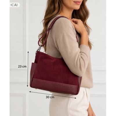 - Bordowa torebka shopper ZAMSZ NATURALNY + SKÓRA NATURALNA Vera Pelle