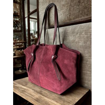 - Bordowa zamszowa torebka shopper burgund ZAMSZ NATURALNY Vera Pelle