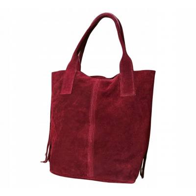 - Bordowa zamszowa torebka frędzle shopper boho ZAMSZ NATURALNY A4