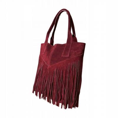 - Bordowa zamszowa torebka frędzle shopper boho ZAMSZ NATURALNY A4