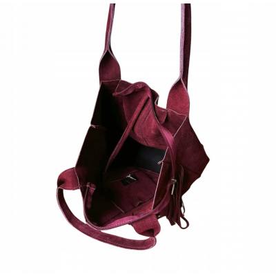 - Bordowa zamszowa torebka frędzle shopper boho ZAMSZ NATURALNY A4
