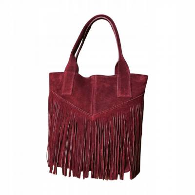 - Bordowa zamszowa torebka frędzle shopper boho ZAMSZ NATURALNY A4