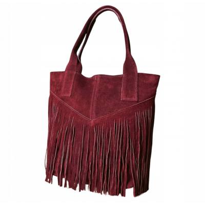 - Bordowa zamszowa torebka frędzle shopper boho ZAMSZ NATURALNY A4