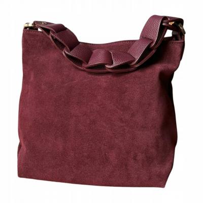 - Bordowa zamszowa torebka burgund shopper ZAMSZ NATURALNY pleciona rączka ogniwa