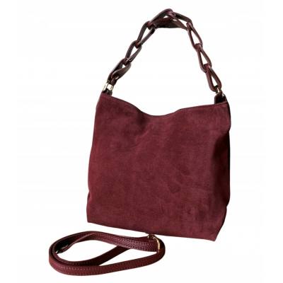 - Bordowa zamszowa torebka burgund shopper ZAMSZ NATURALNY pleciona rączka ogniwa