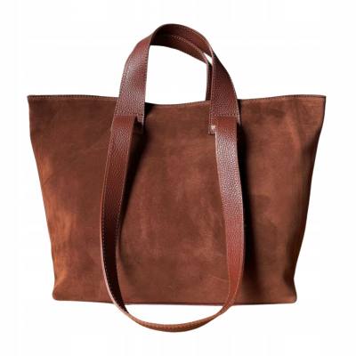 - Brązowa torebka zamszowa shopper brąz ZAMSZ NATURALNY Vera Pelle