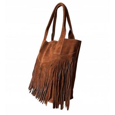 - Brązowa zamszowa torebka frędzle shopper boho brąz ZAMSZ NATURALNY A4