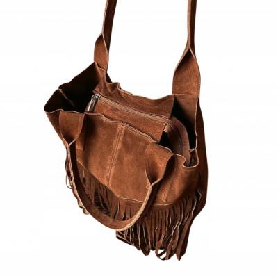 - Brązowa zamszowa torebka frędzle shopper boho brąz ZAMSZ NATURALNY A4