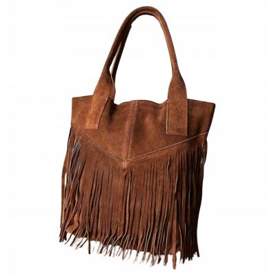 - Brązowa zamszowa torebka frędzle shopper boho brąz ZAMSZ NATURALNY A4