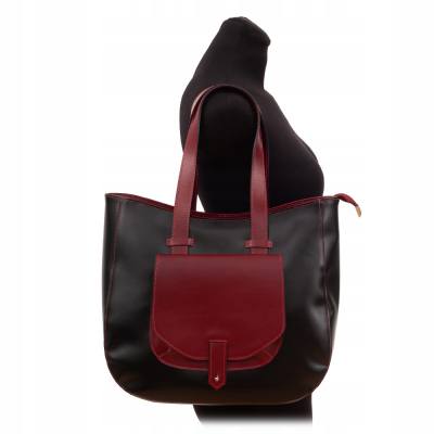 Vera Pelle - włoska czarna / bordo A4 skórzana torebka SKÓRA NATURALNA shopper bag