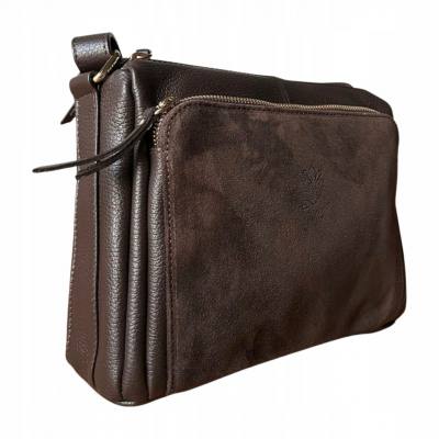 - Czekoladowa torebka Vera Pelle włoska listonoszka skóra zamsz naturalny + skóra