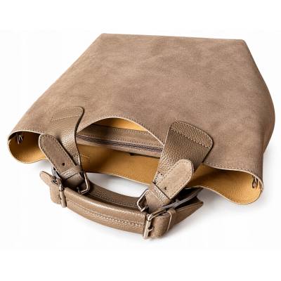 - Cappuccino zamszowa torebka shopper taupe ZAMSZ NATURALNY Vera Pelle