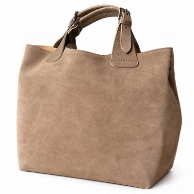 - Cappuccino zamszowa torebka shopper taupe ZAMSZ NATURALNY Vera Pelle