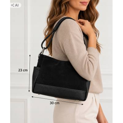 - Czarna torebka shopper ZAMSZ NATURALNY + SKÓRA NATURALNA Vera Pelle
