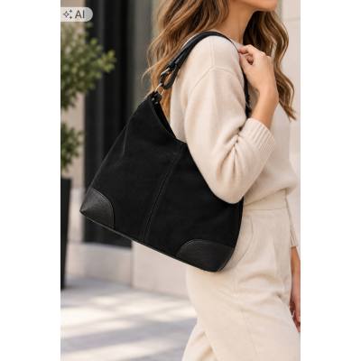 - Czarna torebka shopper ZAMSZ NATURALNY + SKÓRA NATURALNA Vera Pelle