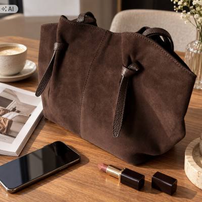- Czekoladowa zamszowa torebka shopper brązowy ZAMSZ NATURALNY Vera Pelle