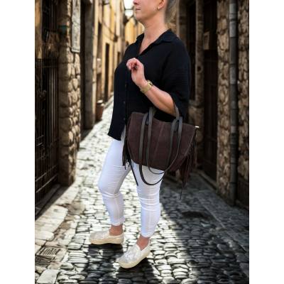 - Czekoladowa zamszowa torebka frędzle shopper ZAMSZ NATURALNY łódka brązowa
