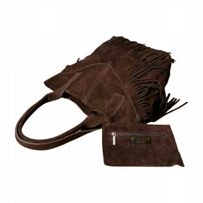 - Czekoladowa zamszowa torebka frędzle shopper boho ciemny brąz ZAMSZ NATURALNY A4
