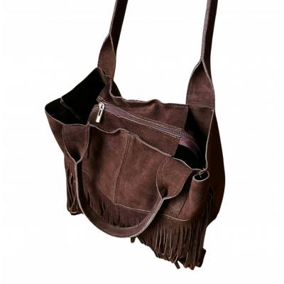 - Czekoladowa zamszowa torebka frędzle shopper boho ciemny brąz ZAMSZ NATURALNY A4