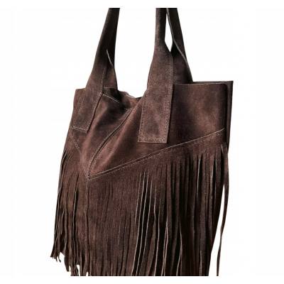 - Czekoladowa zamszowa torebka frędzle shopper boho ciemny brąz ZAMSZ A4
