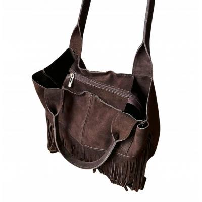 - Czekoladowa zamszowa torebka frędzle shopper boho ciemny brąz ZAMSZ A4