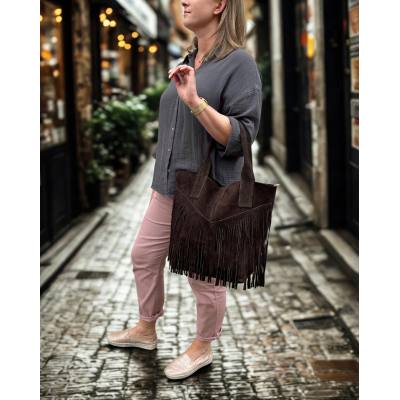 - Czekoladowa zamszowa torebka frędzle shopper boho ciemny brąz ZAMSZ A4