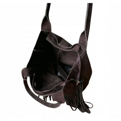 - Czekoladowa zamszowa torebka frędzle shopper boho ciemny brąz ZAMSZ A4