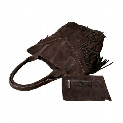 - Czekoladowa zamszowa torebka frędzle shopper boho ciemny brąz ZAMSZ A4