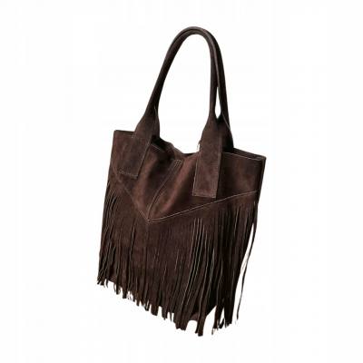 - Czekoladowa zamszowa torebka frędzle shopper boho ciemny brąz ZAMSZ A4