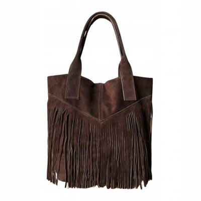 - Czekoladowa zamszowa torebka frędzle shopper boho ciemny brąz ZAMSZ A4