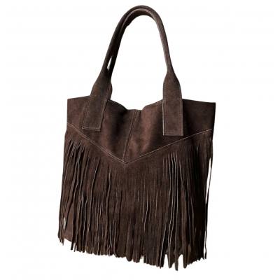 - Czekoladowa zamszowa torebka frędzle shopper boho ciemny brąz ZAMSZ A4