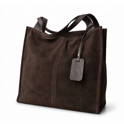 - Czekoladowa zamszowa torebka shopper ciemny brąz ZAMSZ NATURALNY Vera Pelle