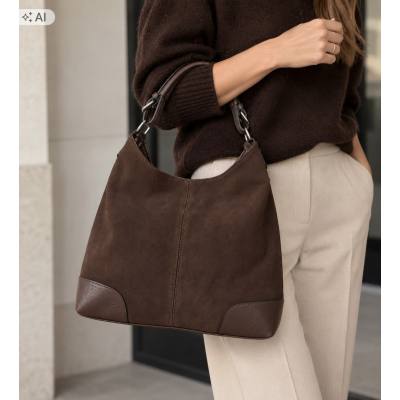 - Czekoladowa torebka shopper ZAMSZ NATURALNY + SKÓRA NATURALNA Vera Pelle