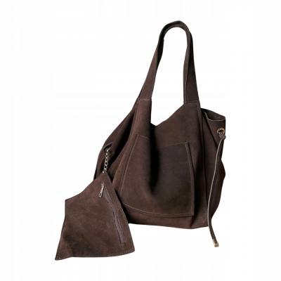 - Czekoladowa zamszowa torebka shopper worek XL ZAMSZ NATURALNY Vera Pelle A4