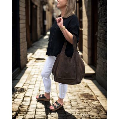 - Czekoladowa zamszowa torebka shopper worek XL ZAMSZ NATURALNY Vera Pelle A4