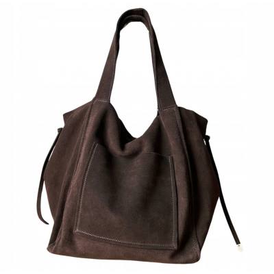 - Czekoladowa zamszowa torebka shopper worek XL ZAMSZ NATURALNY Vera Pelle A4