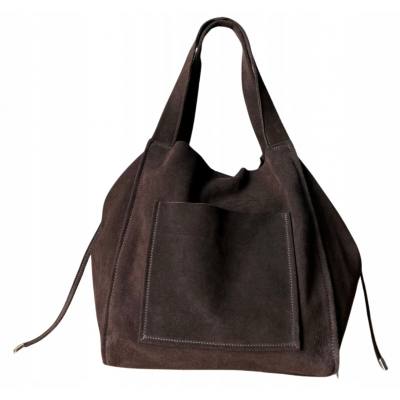 - Czekoladowa zamszowa torebka shopper worek XL ZAMSZ NATURALNY Vera Pelle A4