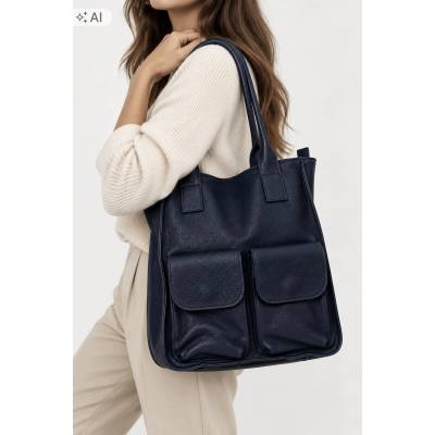 - HIT - GRANATOWA TOREBKA SKÓRA NATURALNA SHOPPER A4 DAMSKA TORBA SKÓRZANA