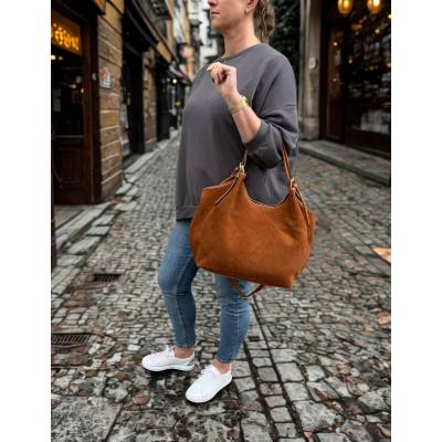 - Camel zamszowa torebka shopper XL ruda karmelowa ZAMSZ NATURALNY A4 Vera Pelle