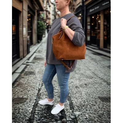 - Camel zamszowa torebka shopper XL ruda karmelowa ZAMSZ NATURALNY A4 Vera Pelle