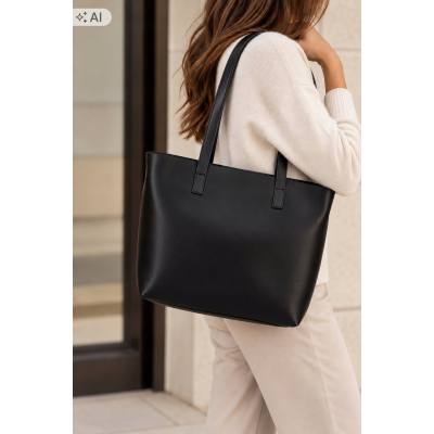 - Włoska A4 klasyczna czarna skórzana torebka SKÓRA NATURALNA półmatowa shopper bag