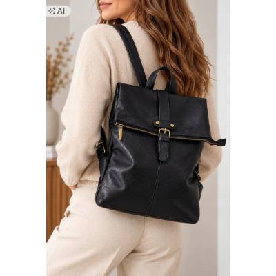 - PAOLO BAGS Czarny Plecak Damski Vintage Eko Skóra Modny Plecak Miejski A4