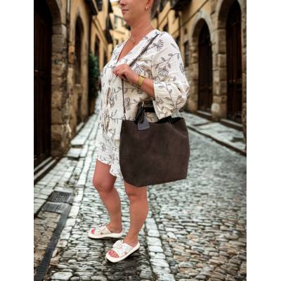 - Czekoladowa zamszowa torebka shopper ciemny brąz ZAMSZ NATURALNY Vera Pelle