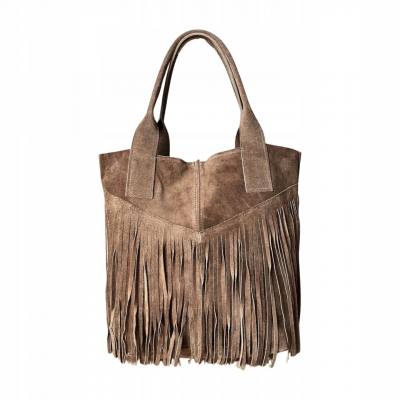 - Cappuccino zamszowa torebka frędzle shopper boho fango ZAMSZ NATURALNY A4