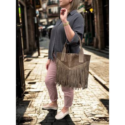 - Cappuccino zamszowa torebka frędzle shopper boho fango ZAMSZ NATURALNY A4