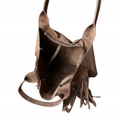 - Cappuccino zamszowa torebka frędzle shopper boho fango ZAMSZ NATURALNY A4