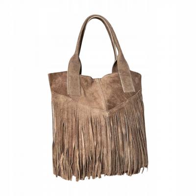 - Cappuccino zamszowa torebka frędzle shopper boho fango ZAMSZ NATURALNY A4