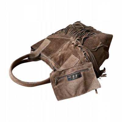 - Cappuccino zamszowa torebka frędzle shopper boho fango ZAMSZ NATURALNY A4